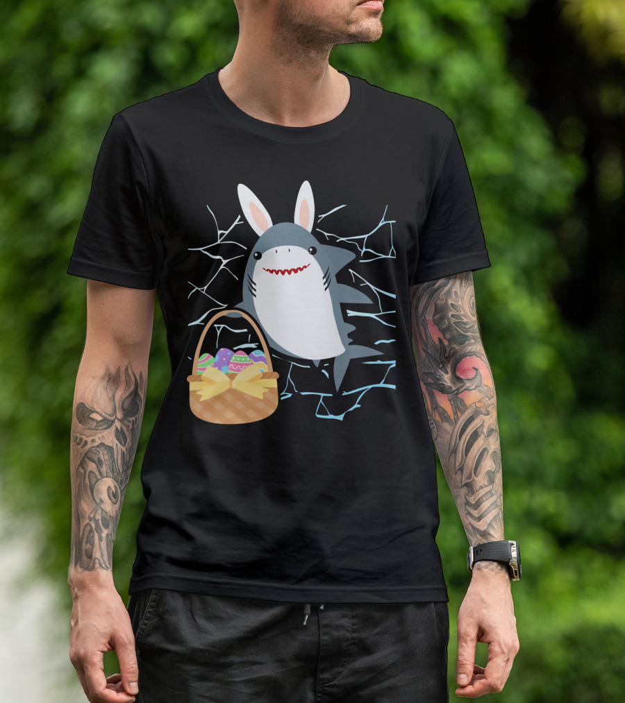 Easter Bunny Shark With Basket Of Eggs And Funny Expression T-Shirt