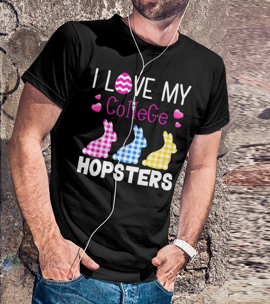 I Love My College Hopsters Easter Bunnies Plaid Hearts T-Shirt