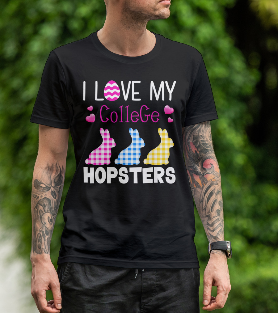 I Love My College Hopsters Easter Bunnies Plaid Hearts T-Shirt