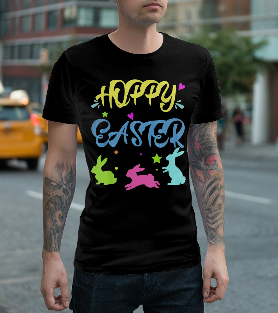 Hoppy Easter Novelty Orthodox Colorful Bunny Silhouettes with Hearts and Stars T-Shirt