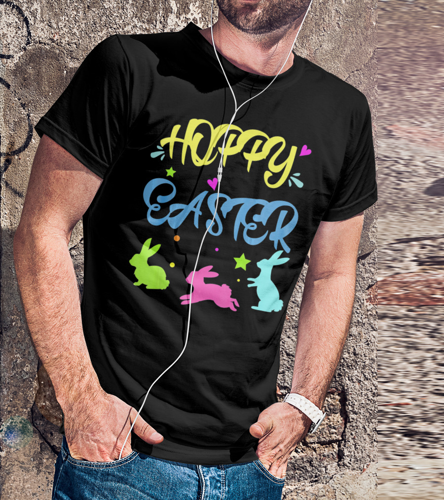 Hoppy Easter Novelty Orthodox Colorful Bunny Silhouettes With Hearts And Stars T-Shirt