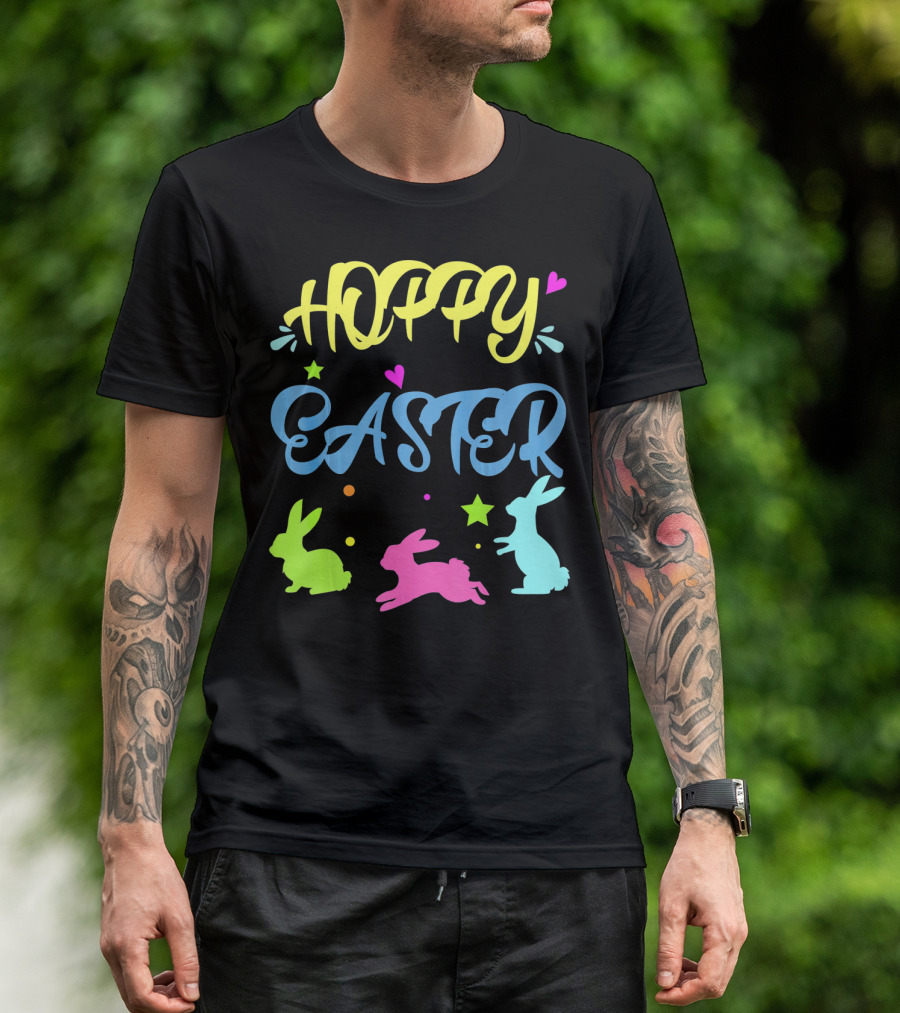 Hoppy Easter Novelty Orthodox Colorful Bunny Silhouettes With Hearts And Stars T-Shirt