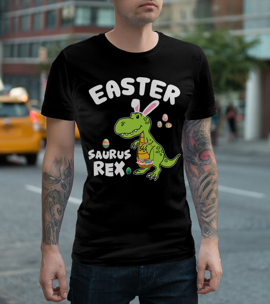 Easter Saurus Rex Dinosaur With Bunny Ears And Colorful Eggs T-Shirt