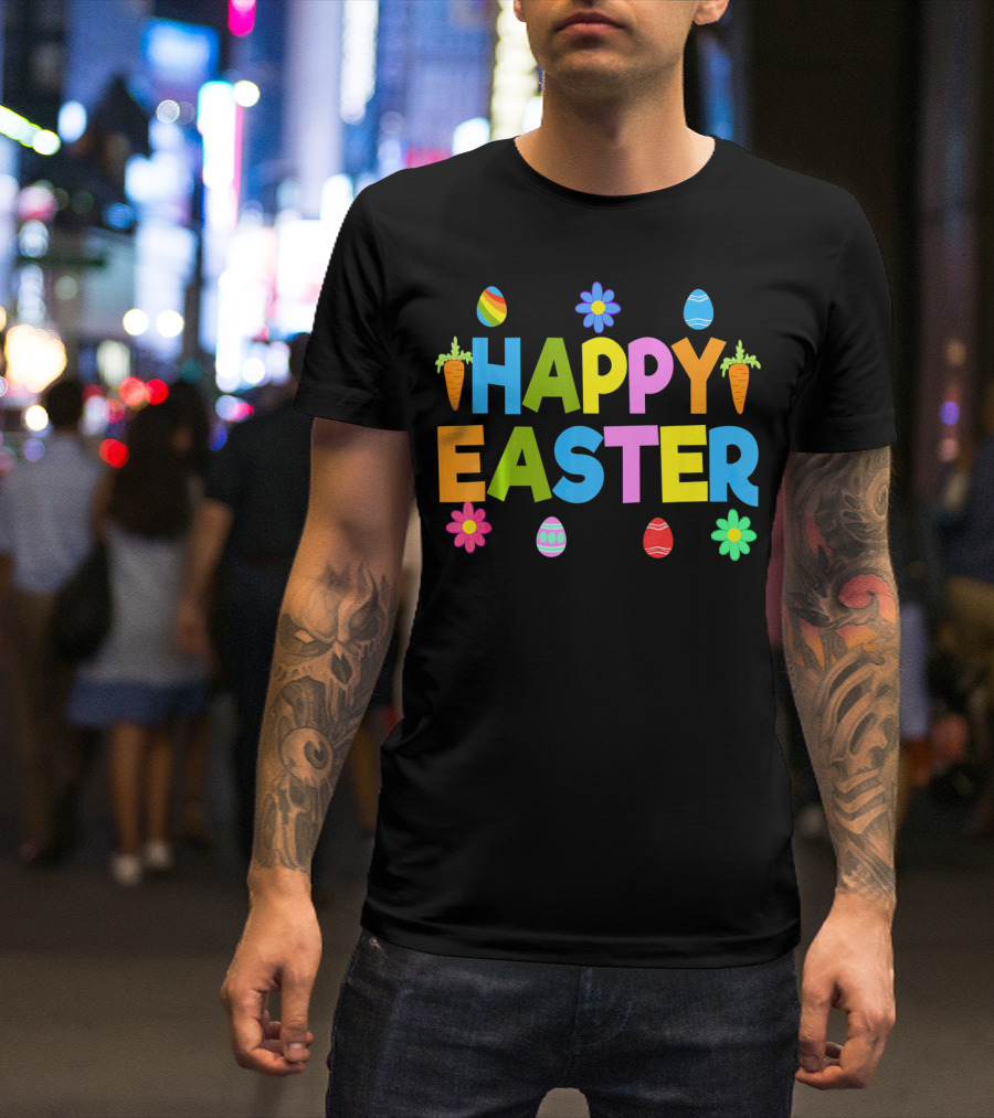 Happy Easter Bunny Carrot Colorful Eggs Flowers T-Shirt