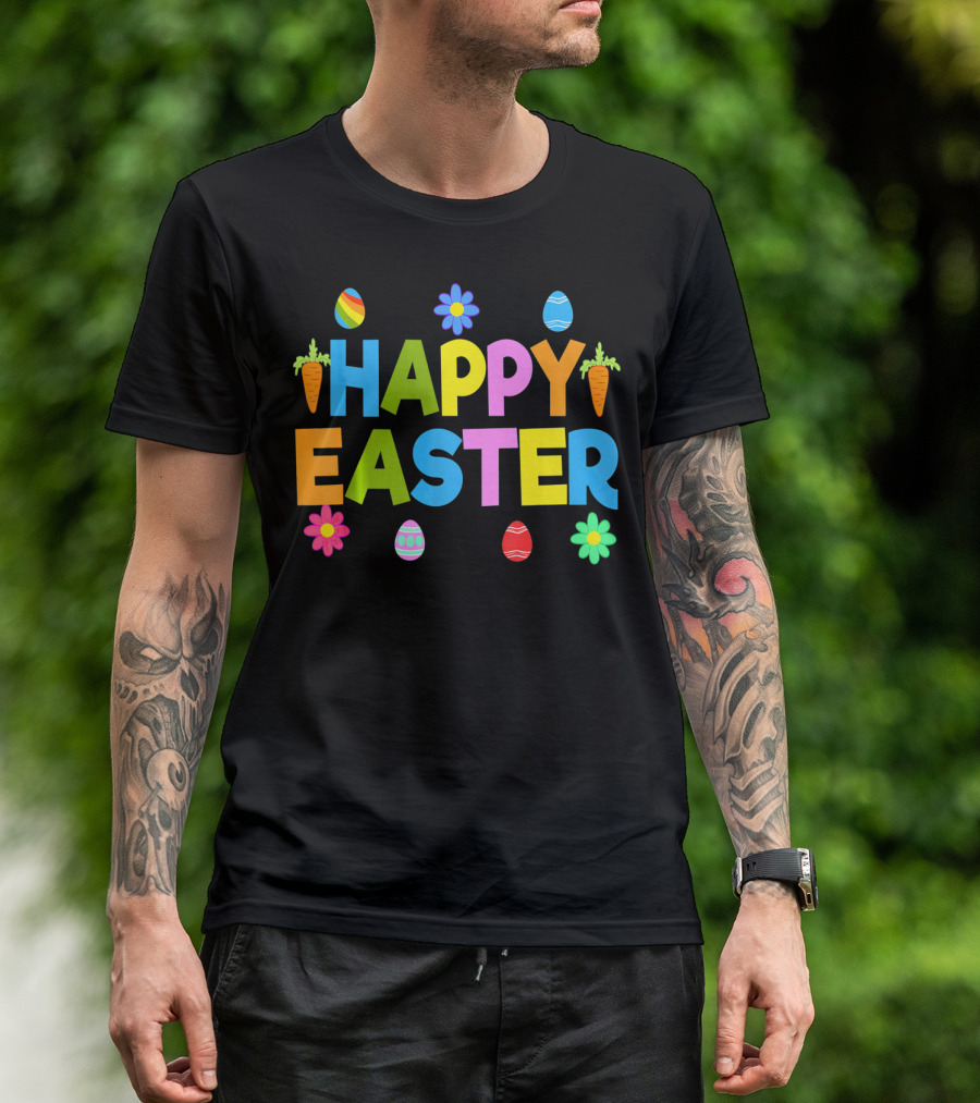 Happy Easter Bunny Carrot Colorful Eggs Flowers T-Shirt