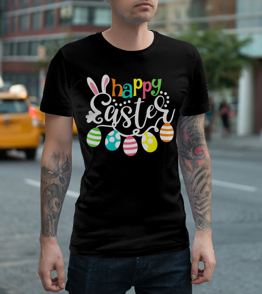 Happy Easter Cute Bunny And Colorful Easter Egg Garland T-Shirt