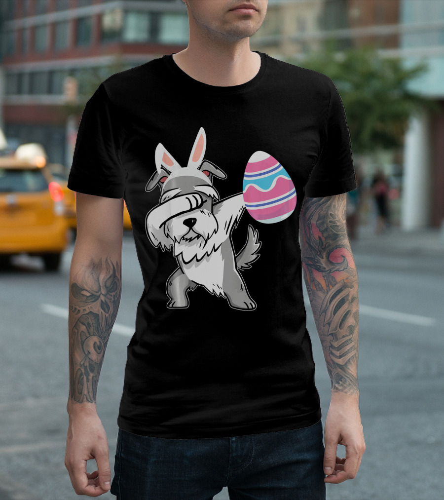 Easter Bunny Ears Schnauzer Dog Dabbing with Colorful Egg T-Shirt