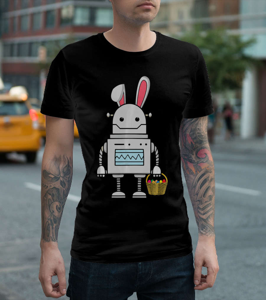 Cute Easter Robot Bunny with Basket of Colorful Eggs T-Shirt