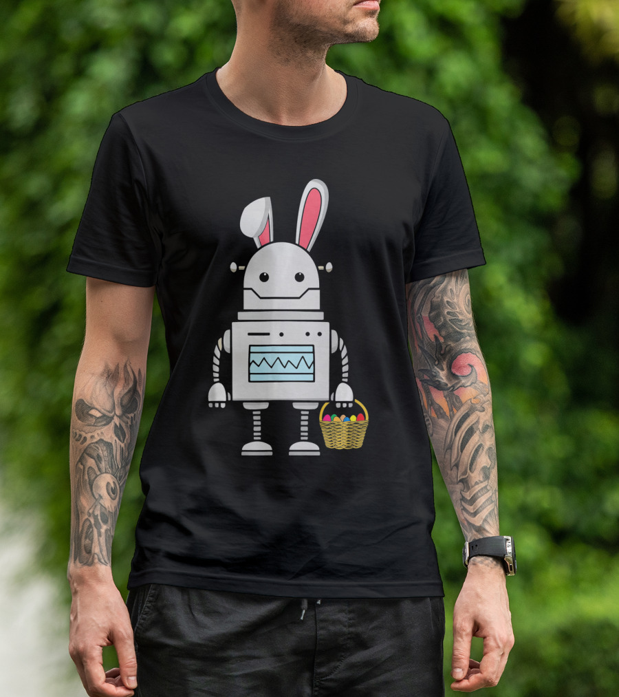 Cute Easter Robot Bunny With Basket Of Colorful Eggs T-Shirt