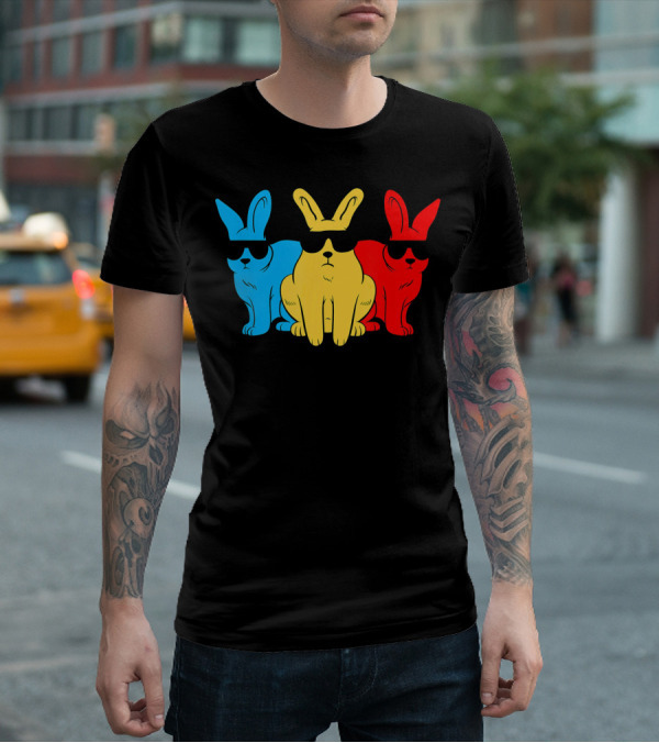 Hip Trio Bunnies Shades Funny Hipster Blue Yellow Red T-Shirt