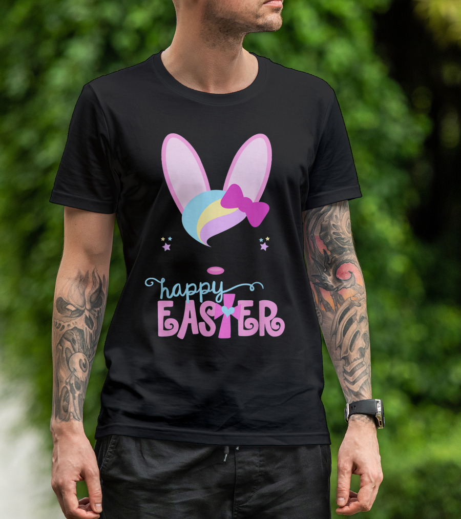 HAPPY EASTER Bunny Face Girls Bow Stars Colorful Ears T-Shirt