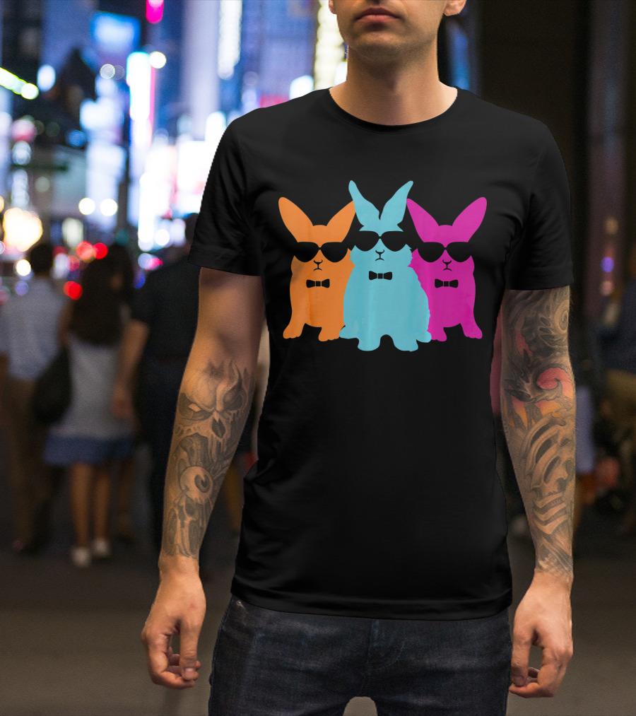 Hipster Easter Bunny Cool Rabbits Sunglasses Neon Trio Bow Ties T-Shirt
