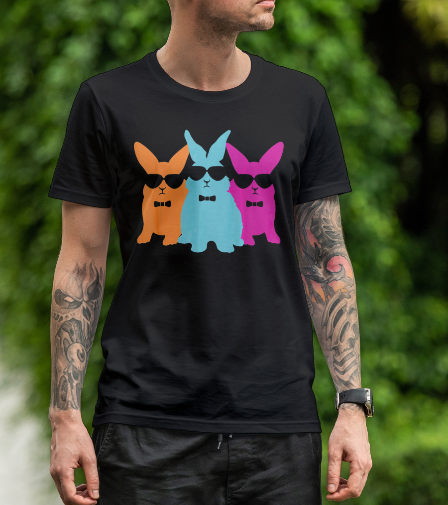 Hipster Easter Bunny Cool Rabbits Sunglasses Neon Trio Bow Ties T-Shirt
