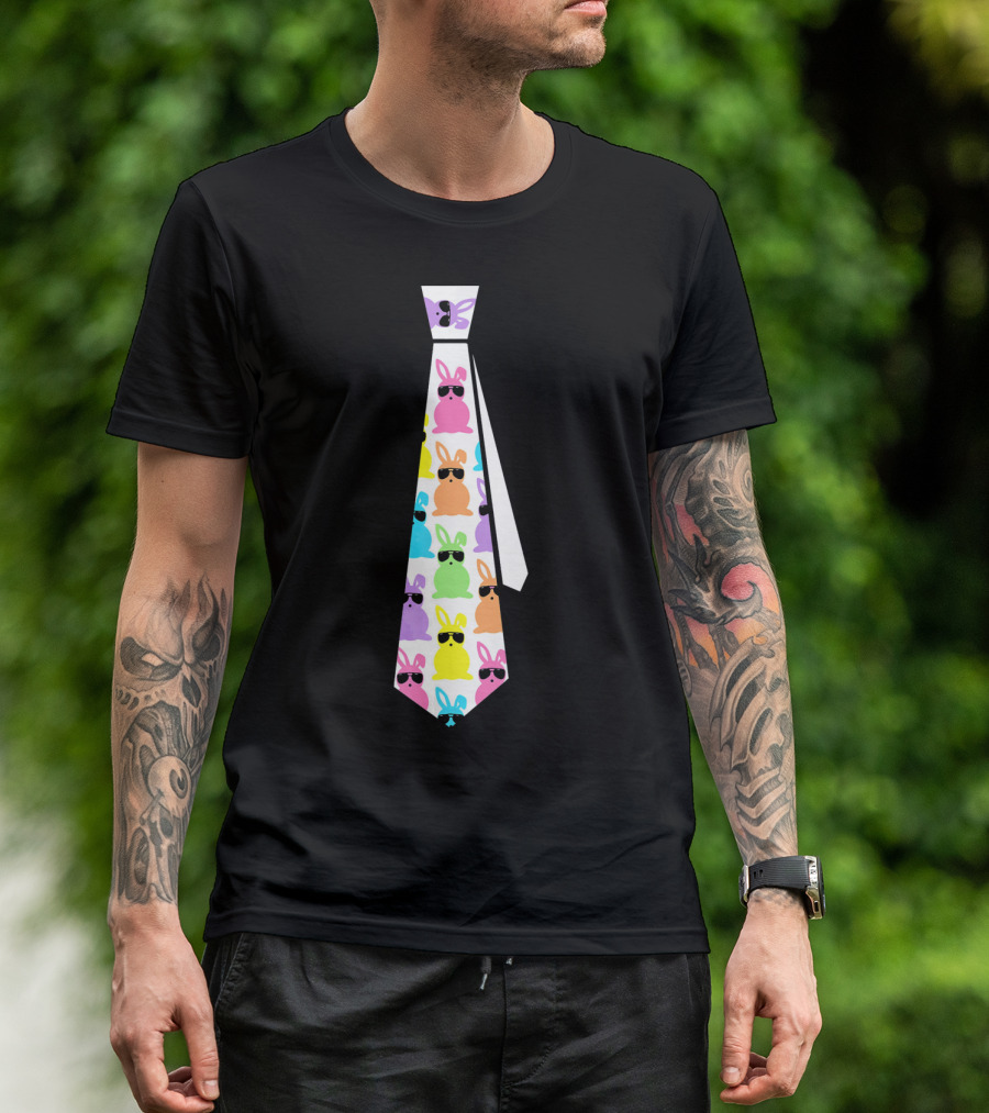 Funny Colorful Easter Bunny Necktie With Sunglasses T-Shirt