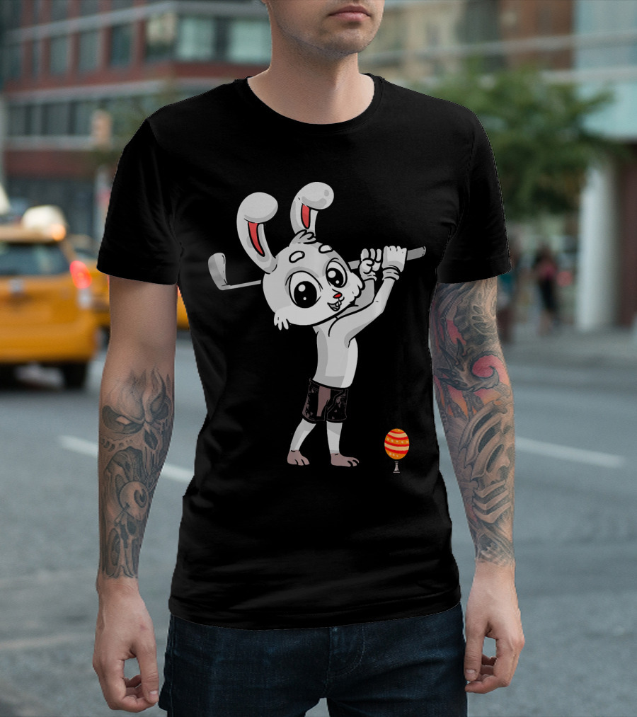 Funny Easter Bunny Playing Golf with Striped Egg T-Shirt