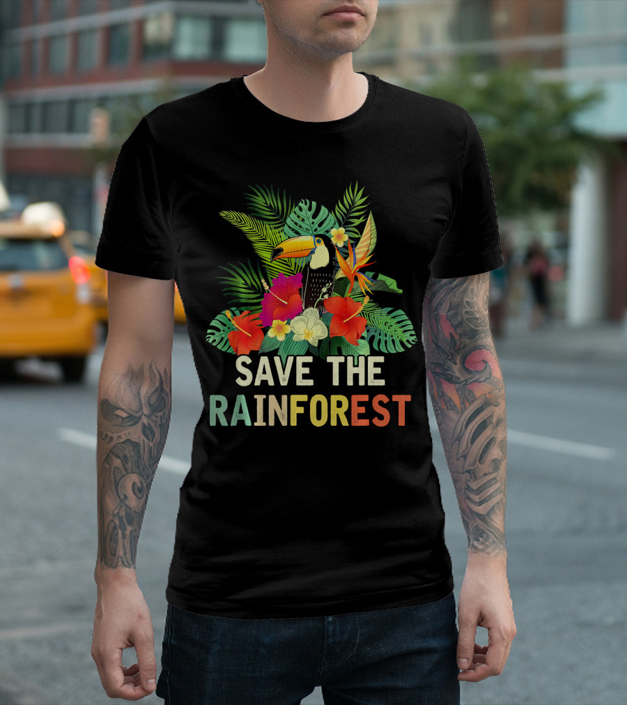 Save The Rainforest Colorful Toucan and Tropical Flowers T-Shirt