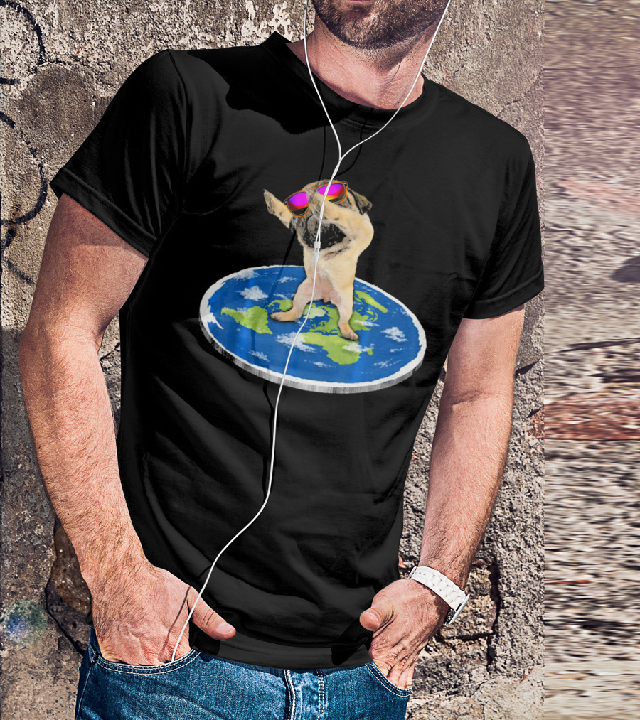 Flat Earth Pug Dabbing With Sunglasses On World Map T-Shirt