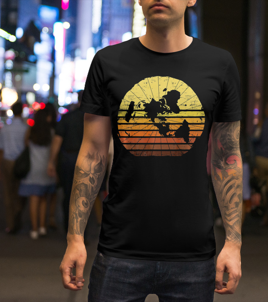 Flat Earth Map Vintage Retro Distressed Stripes T-Shirt