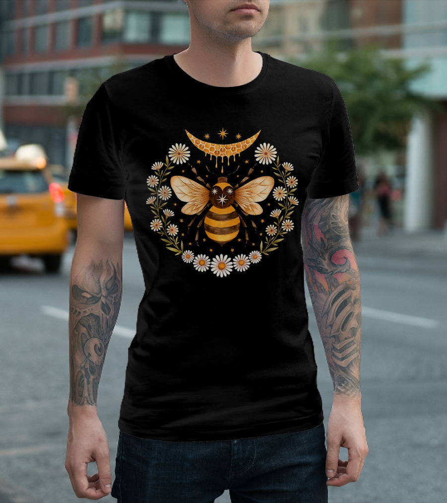 Honey Bee With Flowers And Crescent Moon T-Shirt