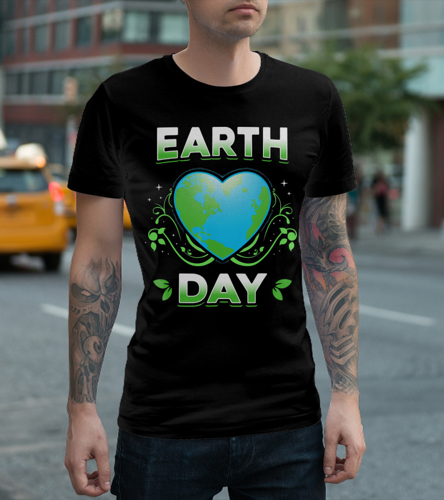 Earth Day Heart with Green Leaves and Swirls T-Shirt