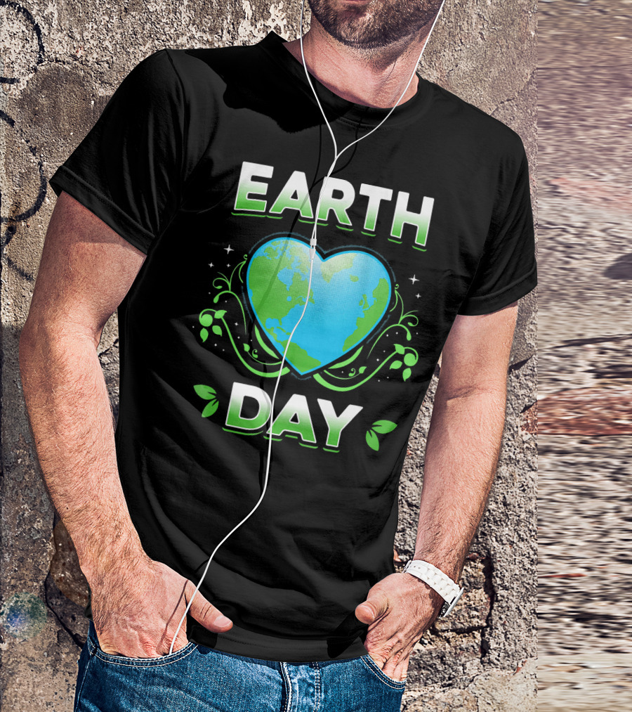Earth Day Heart With Green Leaves And Swirls T-Shirt