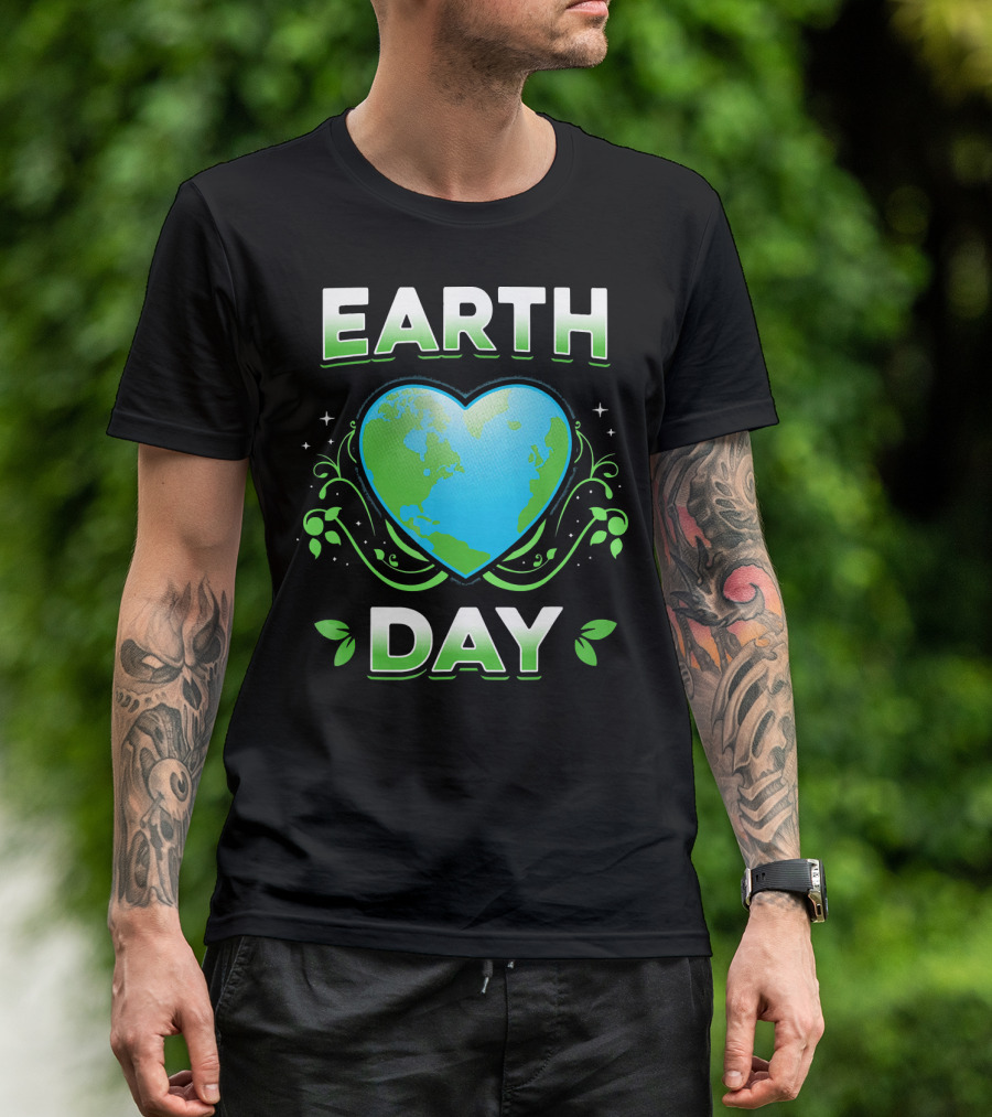 Earth Day Heart With Green Leaves And Swirls T-Shirt