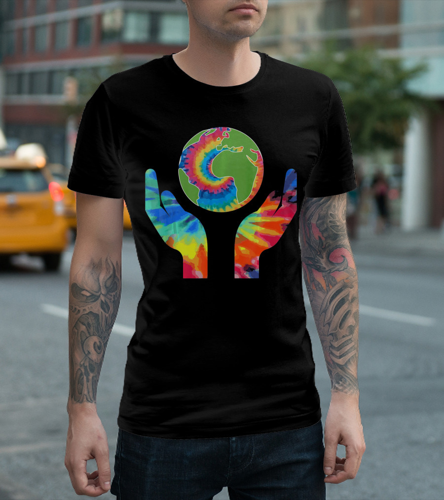 Earth Day Tie-Dye Hands Holding Planet Climate Change Global Warming T-Shirt