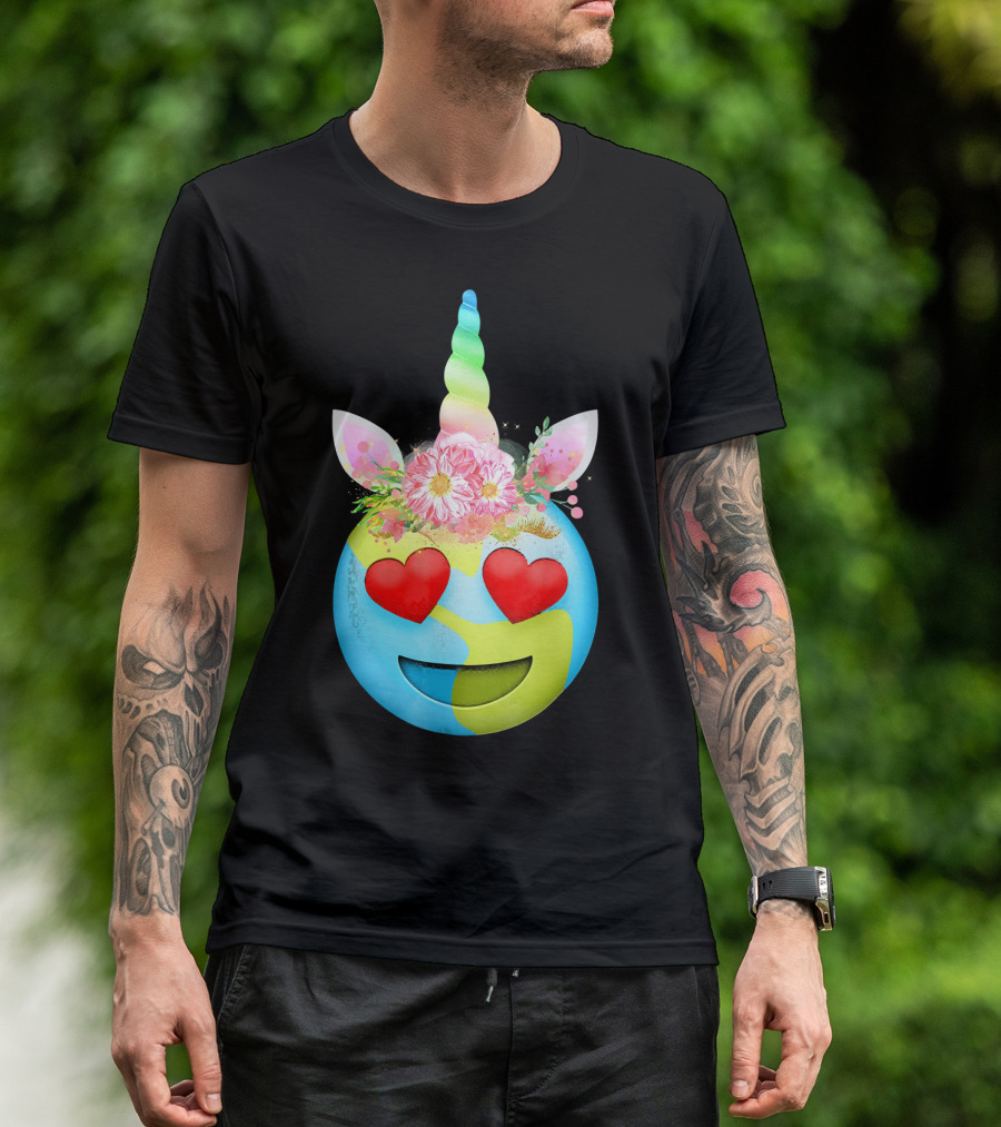 Heart Eyes Unicorn Earth Day Emoji Floral Mane T-Shirt