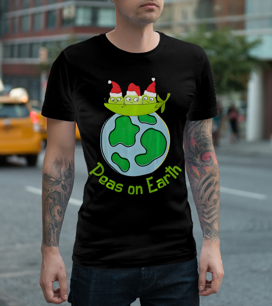 Christmas Peas On Earth with Santa Hat Vegetables on Globe T-Shirt