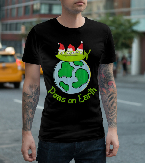Christmas Peas On Earth With Santa Hat Vegetables On Globe T-Shirt