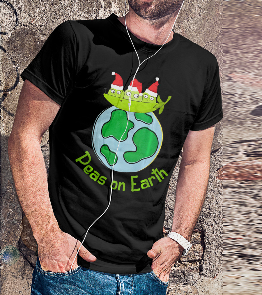 Christmas Peas On Earth With Santa Hat Vegetables On Globe T-Shirt