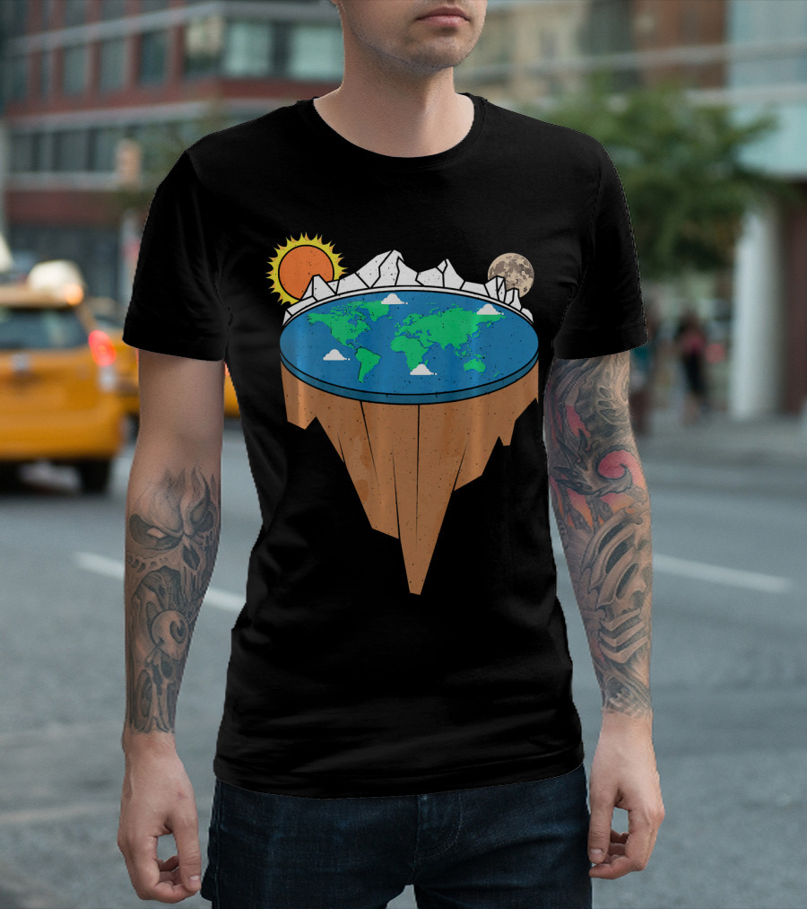Flat Earth Conspiracy Theorist Map with Sun and Moon T-Shirt