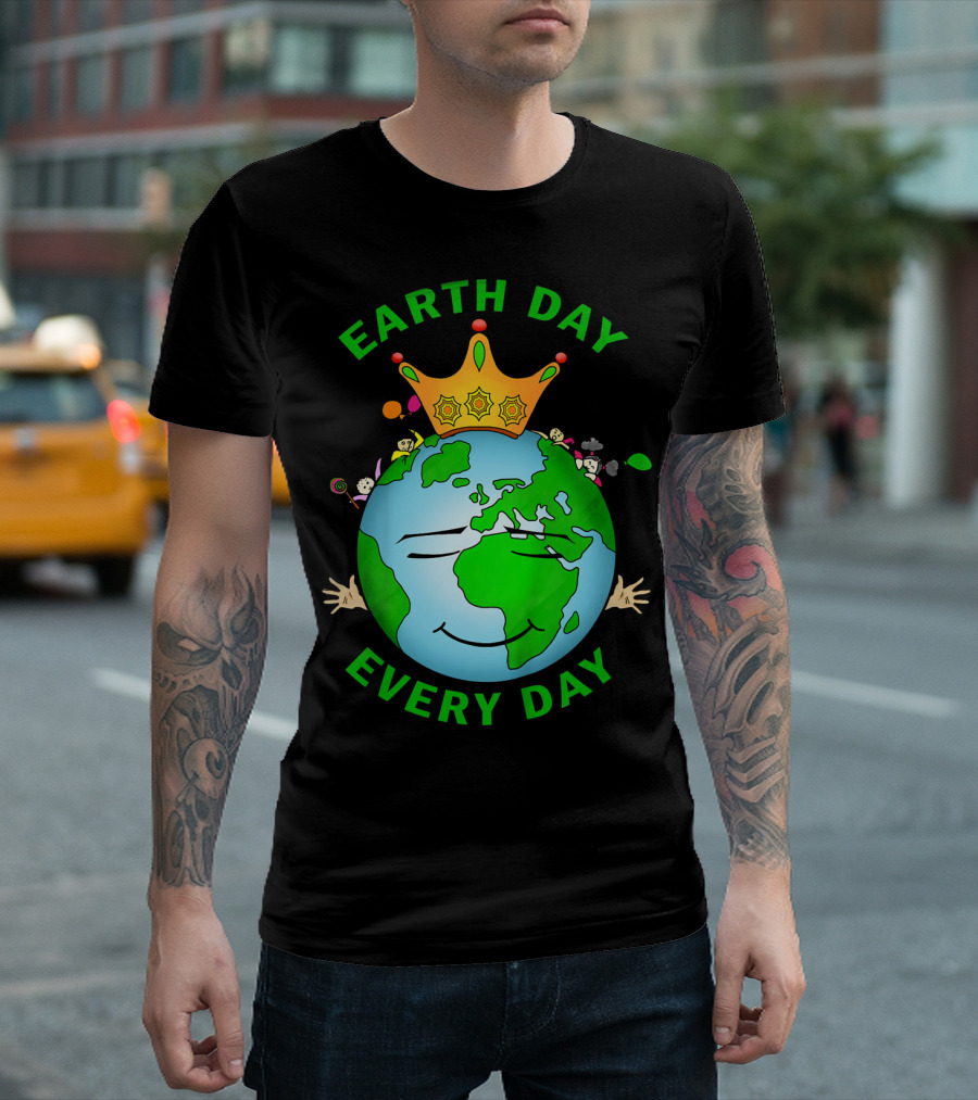 Earth Day Every Day Smiling Earth with Crown and Playful Elements T-Shirt