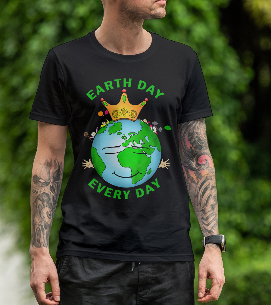 Earth Day Every Day Smiling Earth With Crown And Playful Elements T-Shirt
