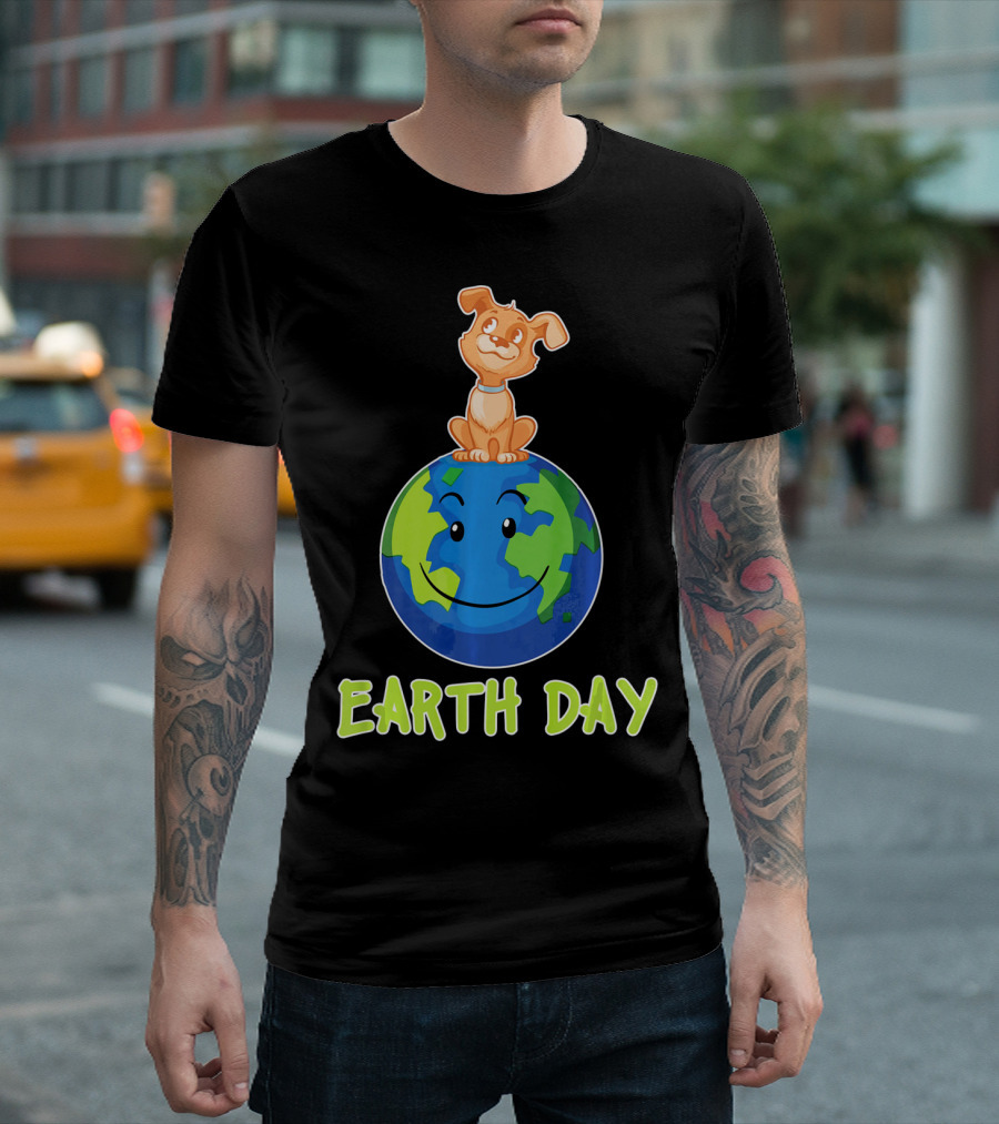 Earth Day Dog on Smiling Planet Earth T-Shirt