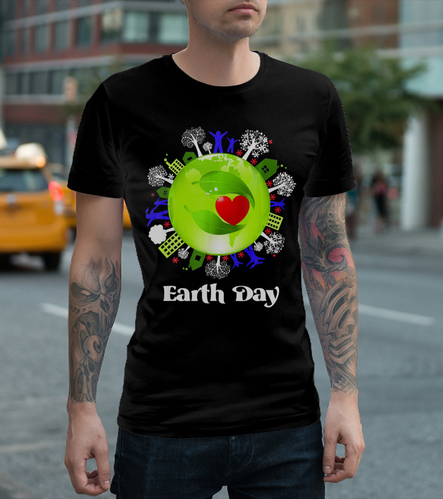 Earth Day Planet Earth Love With Leaf And Heart T-Shirt