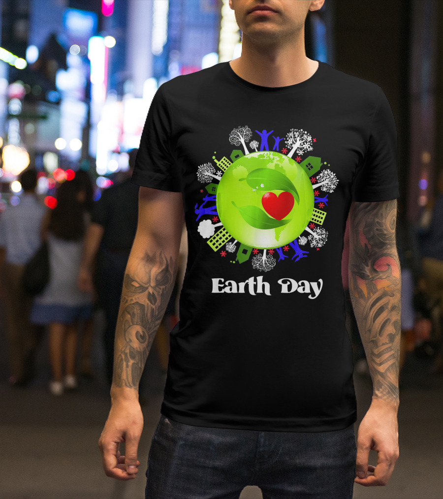 Earth Day Planet Earth Love With Leaf And Heart T-Shirt