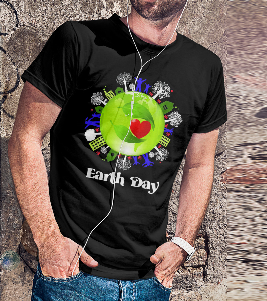 Earth Day Planet Earth Love With Leaf And Heart T-Shirt