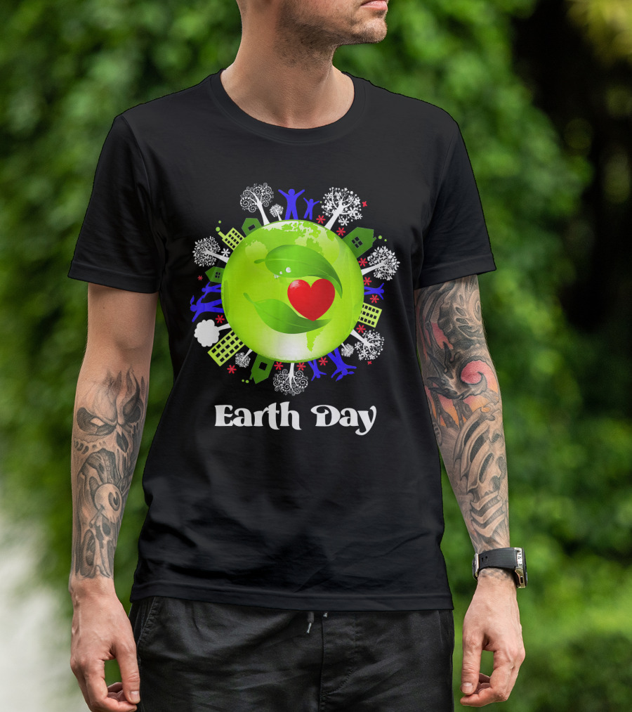 Earth Day Planet Earth Love With Leaf And Heart T-Shirt