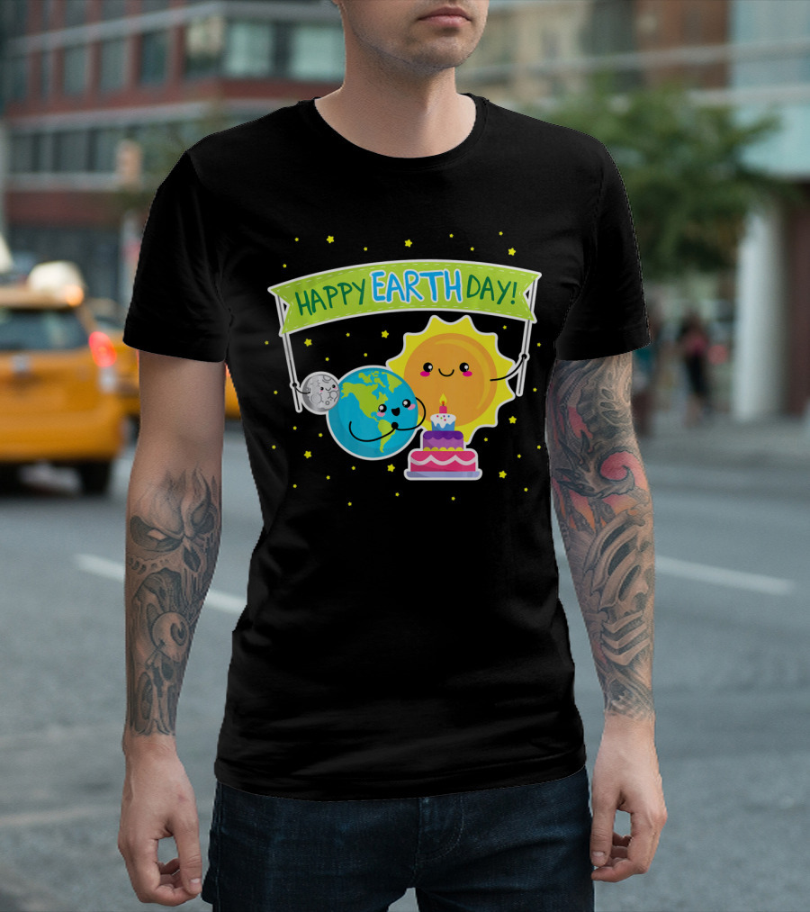 Happy Earth Day Cute Earth Sun Moon Cake T-Shirt