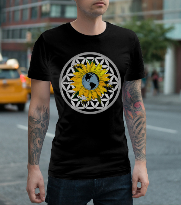 Sunflower Earth With Flower Of Life And Bees T-Shirt
