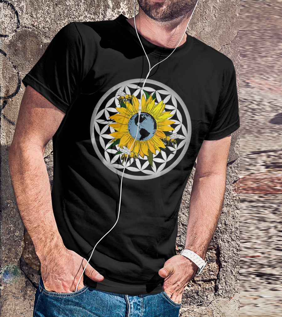 Sunflower Earth With Flower Of Life And Bees T-Shirt