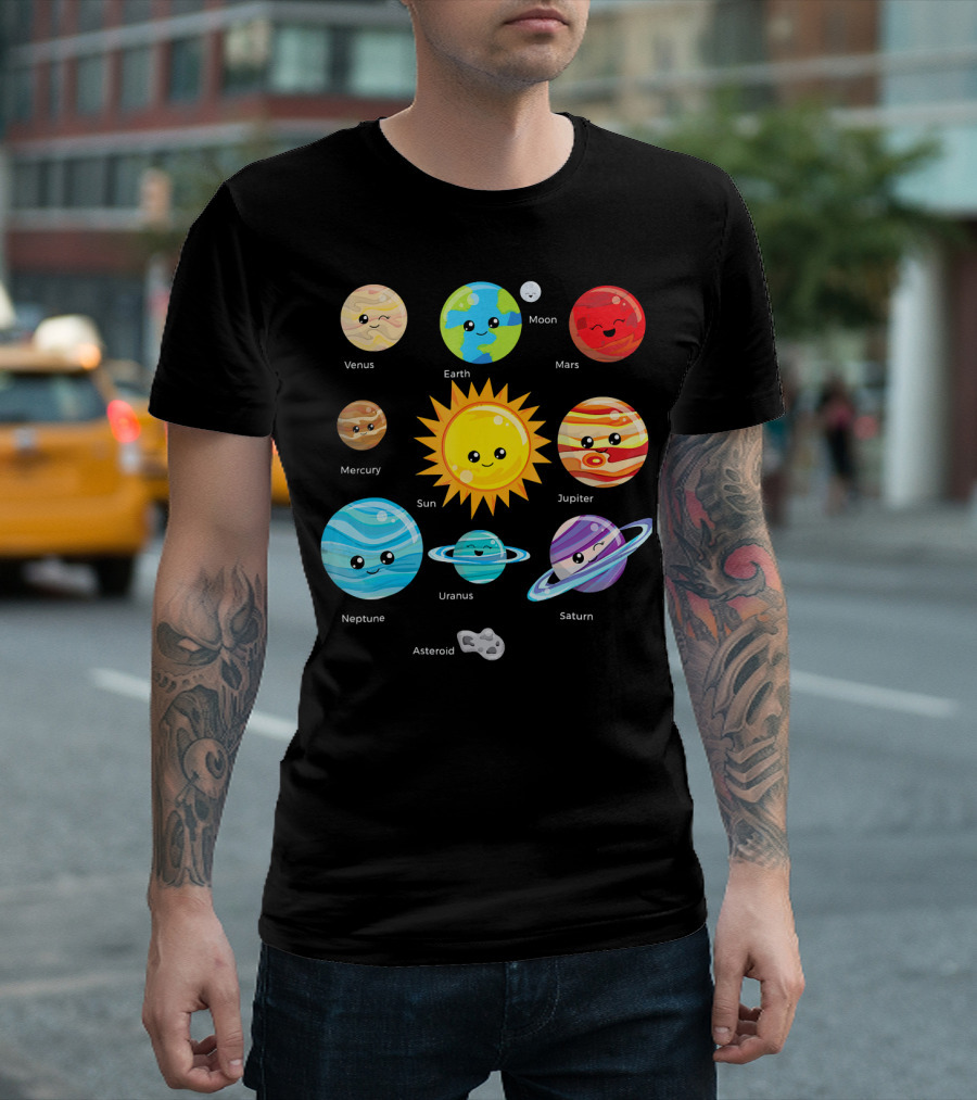 Solar System Planets Earth Moon Sun Venus Mars Mercury Jupiter Neptune Uranus Saturn Asteroid Cartoon T-Shirt