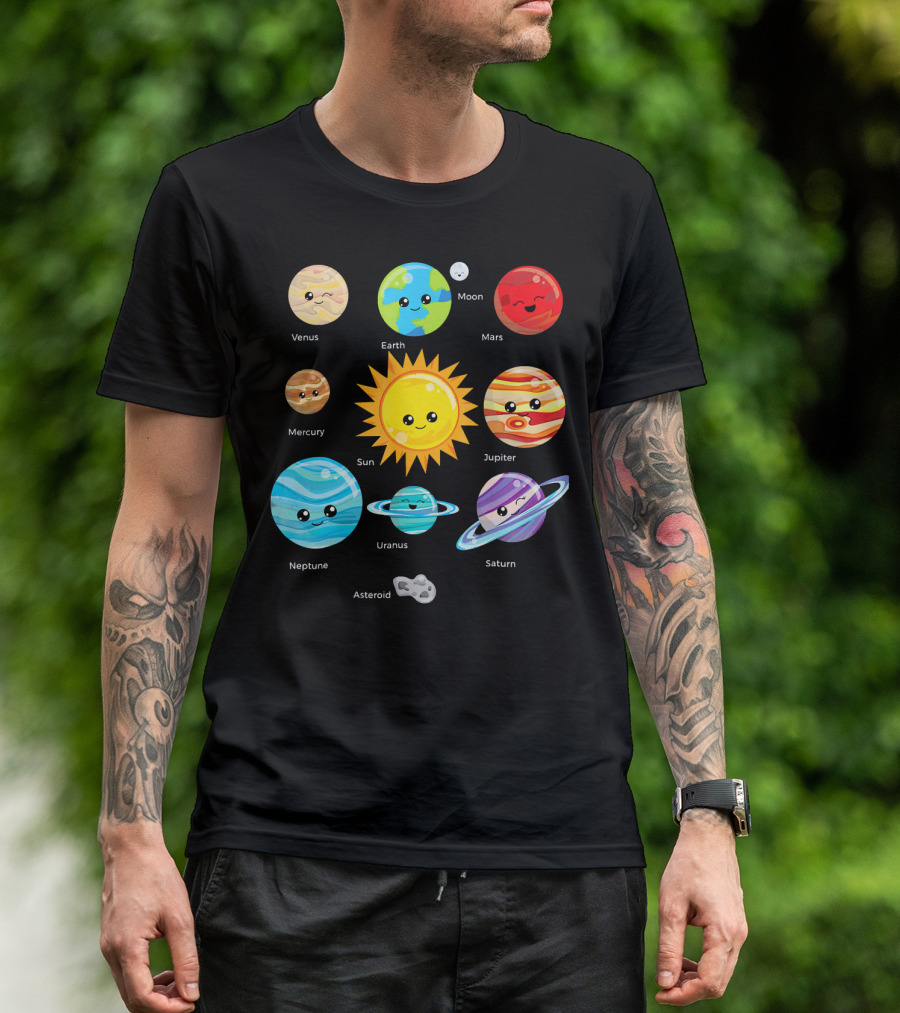 Solar System Planets Earth Moon Sun Venus Mars Mercury Jupiter Neptune Uranus Saturn Asteroid Cartoon T-Shirt