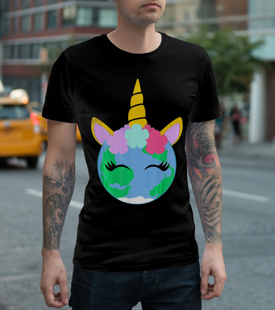 Unicorn Earth Cute Unicorn Face Earth with Flowers and Horn T-Shirt