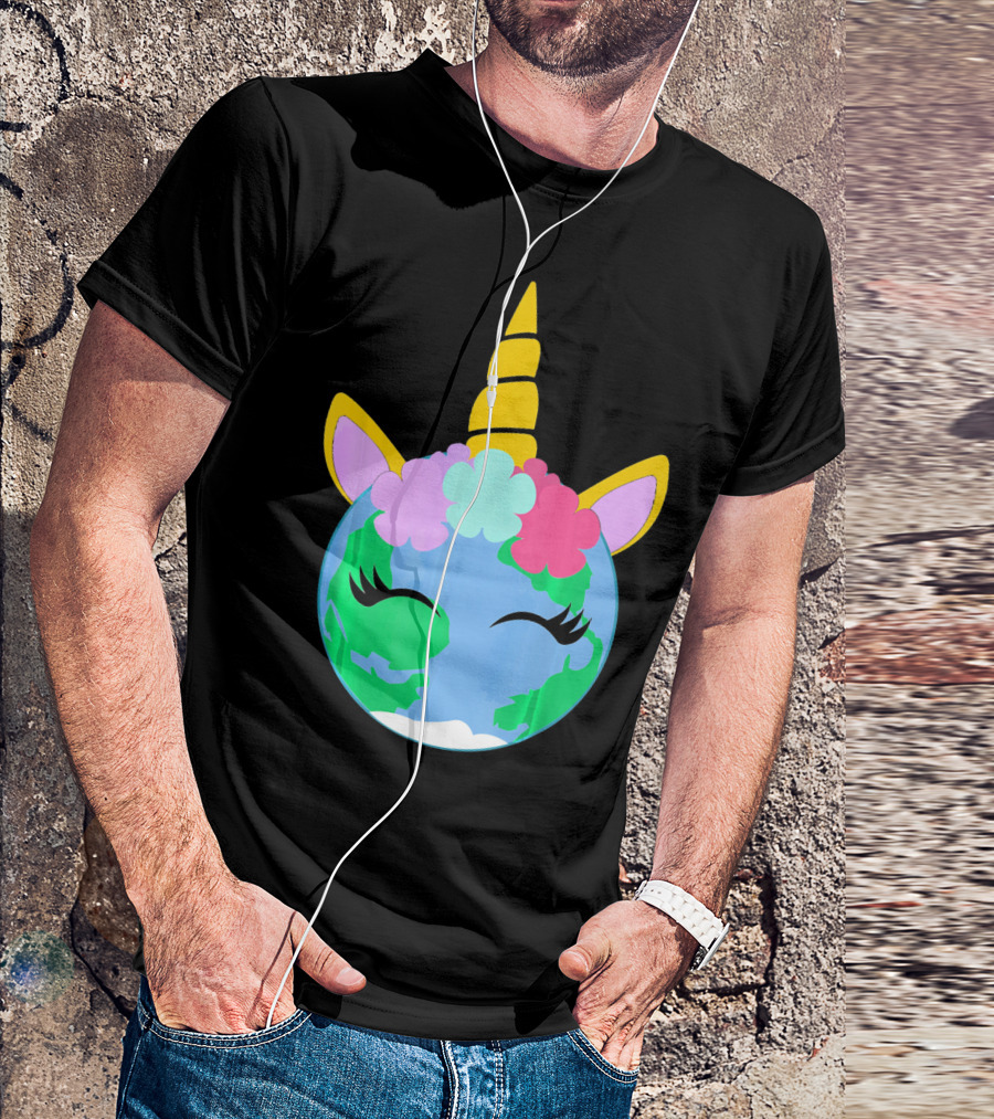 Unicorn Earth Cute Unicorn Face Earth With Flowers And Horn T-Shirt