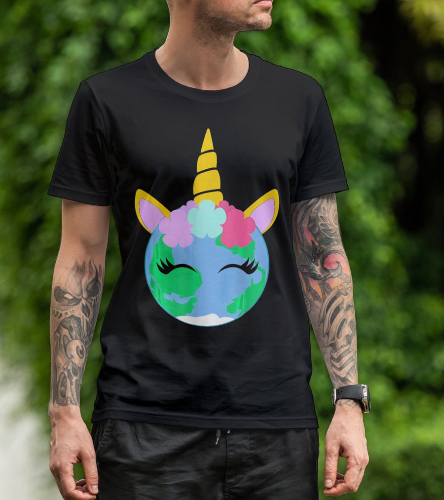 Unicorn Earth Cute Unicorn Face Earth With Flowers And Horn T-Shirt