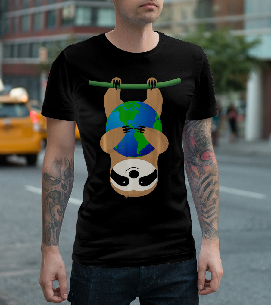 Earth Day Love The Earth Hanging Sloth Hugging Globe T-Shirt
