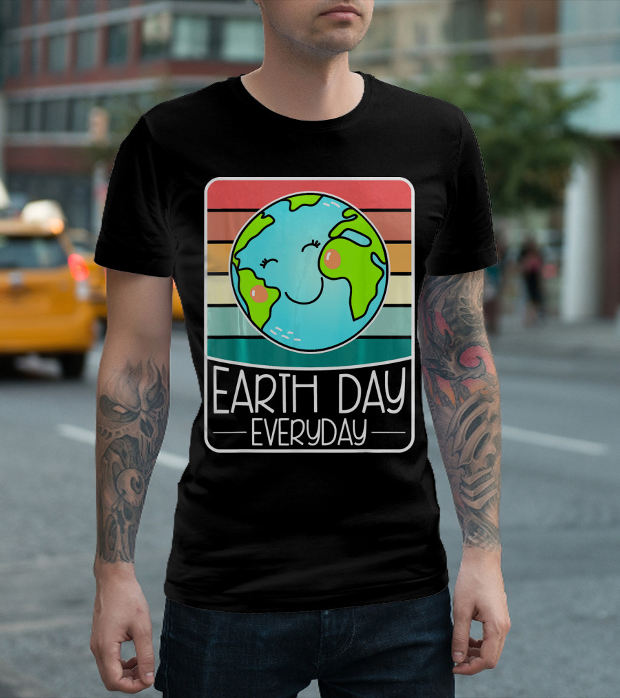 Earth Day Everyday Smiling Earth on Retro Stripes T-Shirt