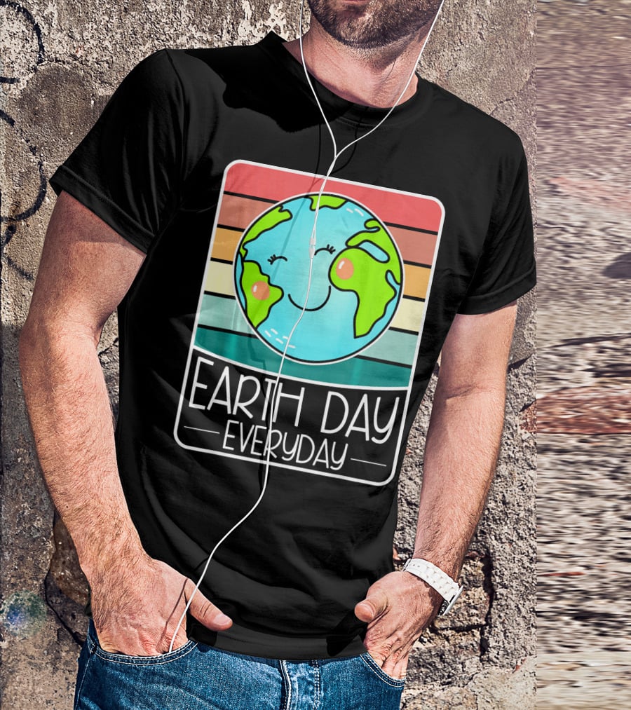 Earth Day Everyday Smiling Earth On Retro Stripes T-Shirt